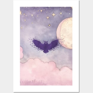 Purple Fairy Tale Owl with Moon and Stars Posters and Art